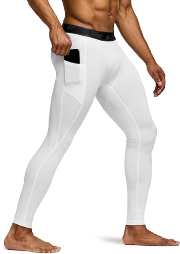 TSLA Mens Compression Pants Cool Dry Athletic Workout Running Leggings Tights with Pockets Athletic Pocket Pants White 3X-Large
