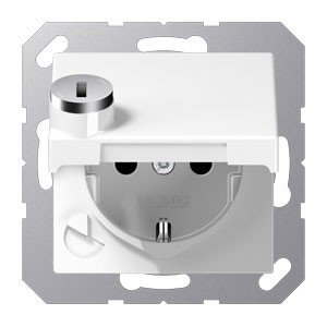 Jung A 1520 BFKLSL WW Presa Schuko 16 A 250 V infrangibile con coperchio ribaltabile e blocco di sicurezza serie A, bianco alpino