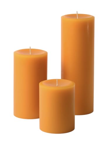 Mister Candle Unscented Dripless Pillar Candles Set of 3, Hand Poured 3 Inch Candles, Premium Wax, Decorative Pillar Candles, (3" x 4", 3" x 6", and 3" x 9", Orange)