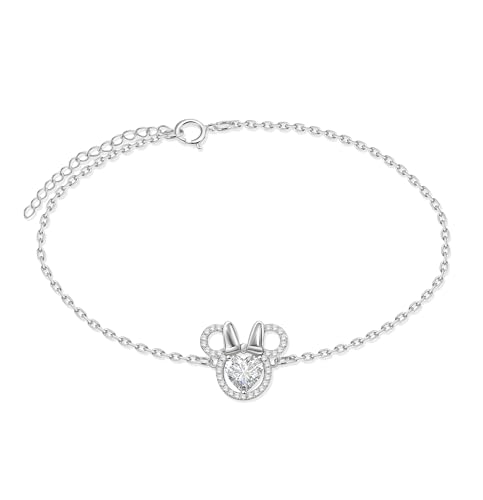 Mouse Bracelet for Women Sterling Silver CZ Mouse Heart Chain Bracelet Sparkling Cute Love Minnie Bow Animal Cartoon Link Bracelet Lucky Cute Princess Jewelry Gifts for Women Daughter Birthday