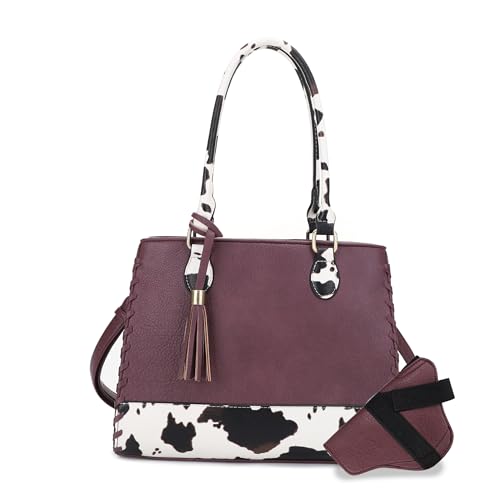 Image of JESSIE & JAMES Montana Whipstitching Cow Print Top Handle Satchel Purse with Adjustable Shoulder Strap