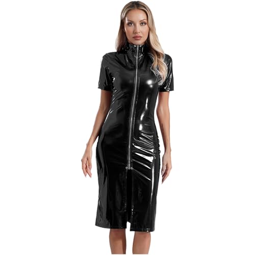 Agoky Damen Wetlook Bodycon Kleid Sexy Lack Leder Mantel Rollkragen Kurzarm Midikleid Eng Rock mit Schlitz Gogo Tanz Clubwear Schwarz 3XL