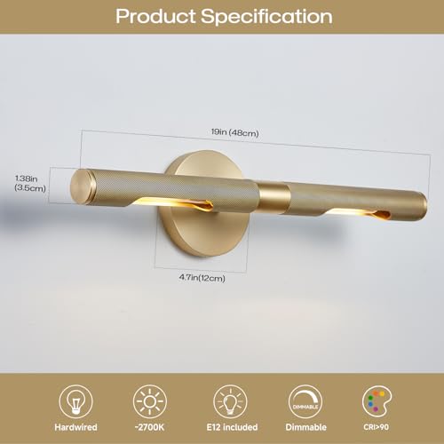 Image of 19 inch L Picture Light Dimmable Vanity Bathroom Light Rotatable 360 Wall Sconce Lights for Pictures Art Gallery Painting Frame,Include Bulbs,Brass 19 inch L x 1.38 inch D