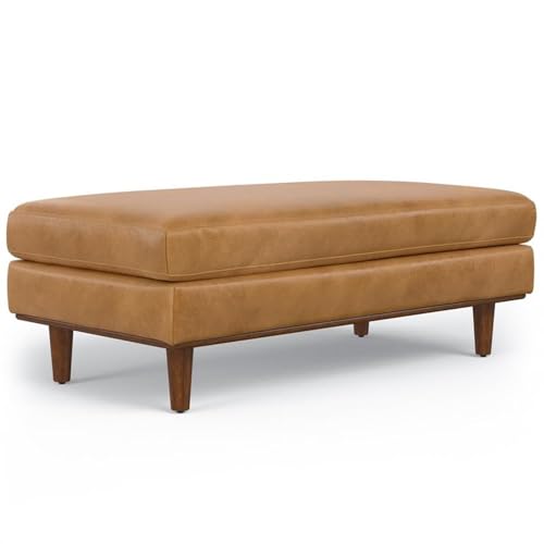 Pemberly Row 49\" Wide Rectangular Ottoman, Genuine Sienna Leather Upholstery, Mid-Century Modern Style, Solid Wood Legs, Multifunctional Coffee Table or Footrest for Living Room Use