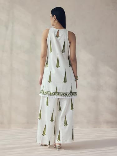 Image of FIORRA Women's Off-White Printed Cotton Sleeveless Kurta Set