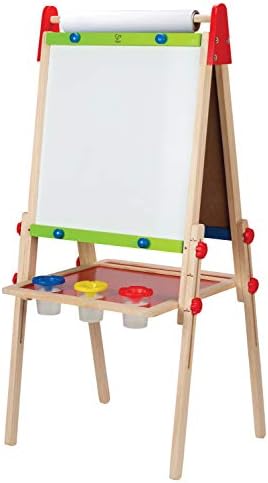 Hape All-in-1 Easel, Award-Winning Double-Sided Kids Standing Easel Adjustable Height Stand with Paper Roll, Chalkboard, Whiteboard, Magnets and 3 Paint Pots