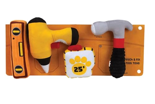 PUREPET Dog Toy Pack 4 Tools in One Set Crinkle Squeak Fetch and Fix Fun Hammer Measuring Tape Drill and Level (One Set of Toys)