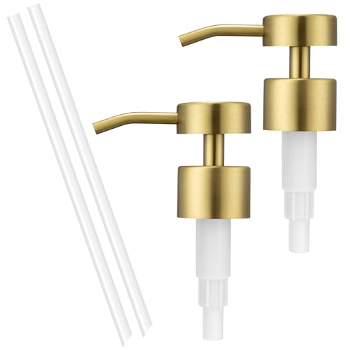 UHEY HOME Soap Dispenser Pump Replacement 304 Stainless Steel for Regular Mouth Bottle for Standard 28/400 Thread Size Kitchen Bathroom Lotion Refill Flat Top Dispenser Pumps 2 Pack(Brushed Gold)