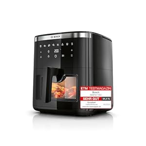 Bosch Heißluftfritteuse Serie 6, XXL 7,2 L Fassungsvermögen, 7 voreingestellte Programme, beleuchtetes Sichtfenster, bis zu 65% schnelleres Kochen, AirFryer in Schwarz, MAF671B0