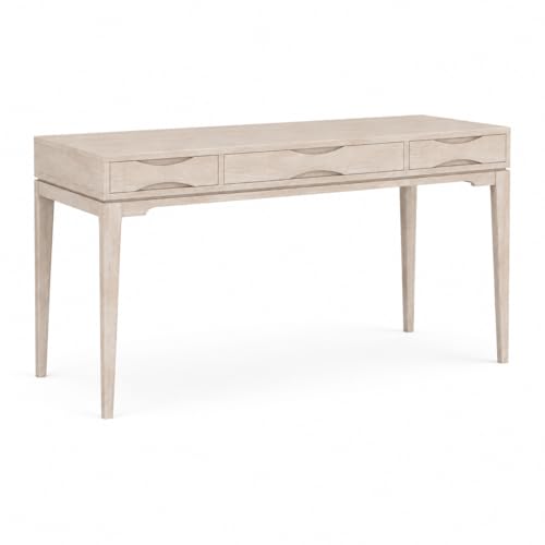 Image of SIMPLIHOME Harper Desk - 60 inch Wide Solid Wood Writing Desk in Blonde, Mid-Century Modern Home Office Computer Desk with Keyboard Tray, 2 Drawers and Notched Handles
