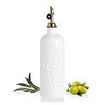 Sweejar Home 530ml Oil Dispenser for Kitchen with Gravity Spout, Ceramic Olive Oil Dispenser Bottle, Relief Opaque Vinegar Container for Evoo, Vinegar, Soy Sauce, Pack of 1(White, Gold Spout)
