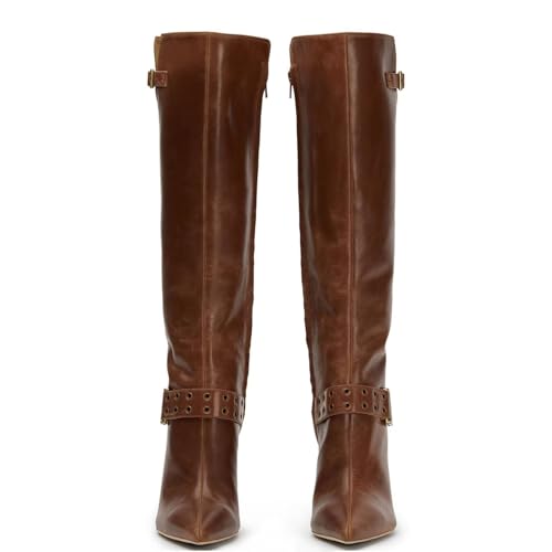 Agodor Fashion Riding Boots Women's Knee High Boots Pointed Toe Stiletto Side Zip Chic Belt Buckle Boots Winter Boots4
