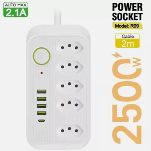 Filtro de Linha com 5 Tomadas, 4 Portas USB, 1 USB Tipo-C, Cabo de 2m Extensão de Tomadas Suporte a