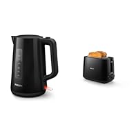 Philips HD9318/20 Wasserkocher Serie 3000, 1,7l, Federdeckel, LED-Anzeige, schwarz & HD2581/90 Toaster, integrierter Brötchenaufsatz, 8 Bräunungsstufen, schwarz