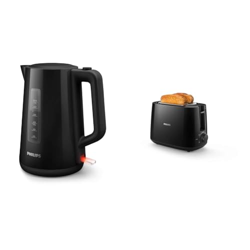 Philips HD9318/20 Bouilloire Plastique Noire 1,7 L, 2 200 W & HD2581/90 Grille-pain Daily Collection, 8 réglages, Access, réchauffe-viennoiseries intégré, Design compact – Noir