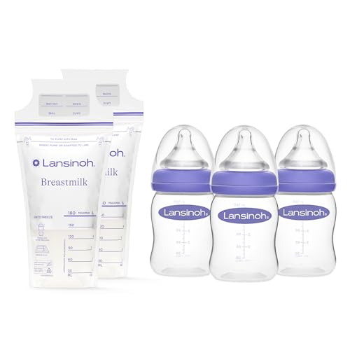 Image of Lansinoh Breastmilk Storage Bags, 200 Count, Breast Milk Storage Bags for Feeding, Baby Essentials, Strong Double-Sealed, 6oz + Lansinoh Anti-Colic Baby Bottles for Breastfeeding Babies, 5oz, 3 Count