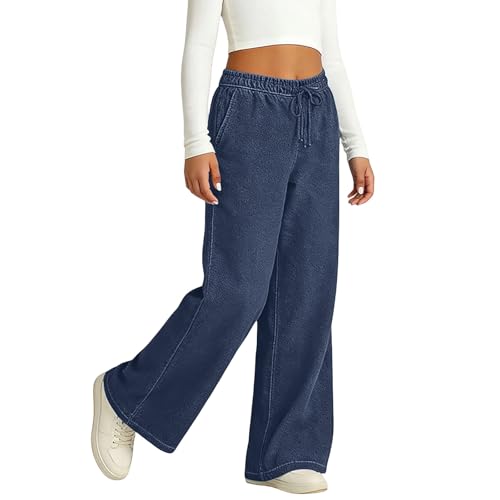 Wide Leg Pants for Kids Faux Denim Print Casual Elastic Waist Athletic Outdoor Sweatpants with Pockets for 7-16 Years