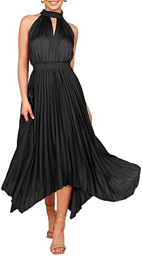 ANRABESS Women's Sleeveless Cutout Halter Neck Satin Formal Dress Smocked Pleated Asymmetric Party Cocktail Maxi Dress Elagant Wedding Guest Evening Graduation Prom Dress 752hei-L Black