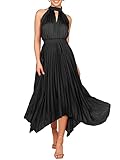 ANRABESS Women's Sleeveless Cutout Halter Neck Satin Formal Dress Smocked Pleated Asymmetric Party Cocktail Maxi Dress 752hei-L Black