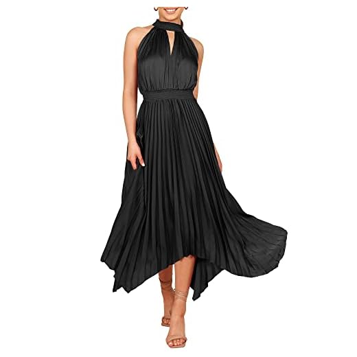 ANRABESS Women's Sleeveless Cutout Halter Neck Satin Formal Dress Smocked Pleated Asymmetric Party Cocktail Maxi Dress 752hei-L Black