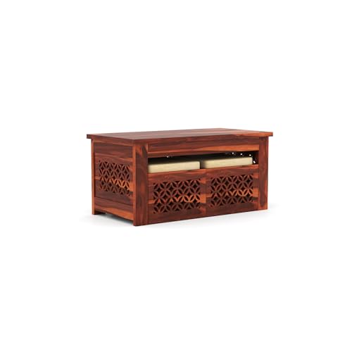Image of Sheesham Wooden Coffee Table with 2 Stool for Home, Office | Solid Wood Center Table for Living Room, Meeting Room Center Tea Table with Seating Stool, Modern Carved- in Honey Finish