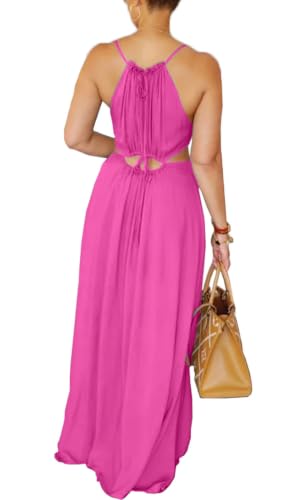 Image of Yeshire Womens Summer Spaghetti Strap Maxi Dress Sleeveless Sexy Cutout Drawstring Boho Beach Vacation Party Dresses