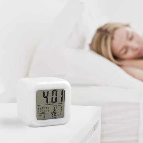 Relogio de Mesa Cabeceira Cube LED 7 Cores Alarme Despertador Calendario Temperatura Som Alto RGB Li