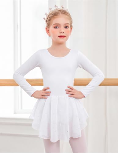 Image of Arshiner Girls Long Sleeve Ballet Leotards Shiny Criss-Cross Back Dress