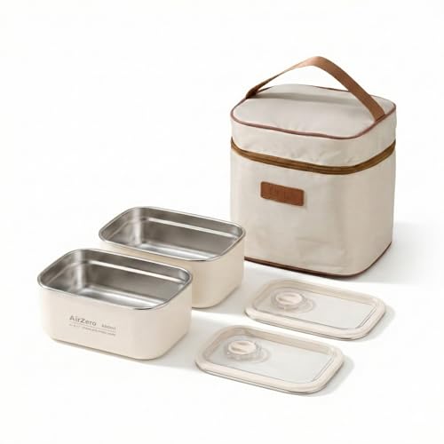 Image of YELONA Stainless Steel Bento Lunch Box Set with Insulated Bag - Microwave & Dishwasher Safe Tiffin Box for Office & School, Leak-Proof Meal Prep Containers - 1200ml (2 x 600ml), Beige