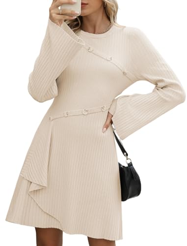ZAFUL Womens Cream Sweater Dress Long Flare Sleeve Sweater Dresses Fall Casual A Line Ribbed Knit Button Mini Pullover Dress