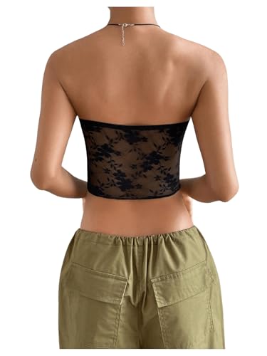 SHENHE Women's Lace Tube Top Y2K Strapless Summer Casual Sleeveless Mesh Crop Top2
