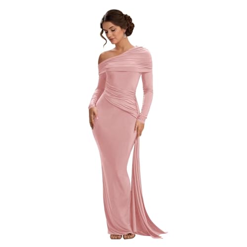 Jamille Women's One Shoulder Formal Dress Satin Mermaid Prom Dresses Long Sleeve Ruched Evening Gown with Cape JA0224