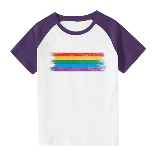 Girls Rainbow Print Cute T-Shirts Kids Color Block Loose Raglan Tops Boys Crewneck Basic Short Sleeve Tees for 3-14 Years
