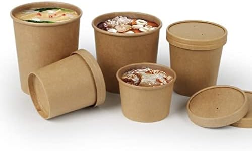 Party Warehouse 24 x 8oz (225ml) Brown Kraft Paper Disposable Food Containers With Lids - Ideal for Soup and Ice Cream - Microwave Safe and Freezer Safe - 24 Cardboard Cups and 24 Lids - 8oz