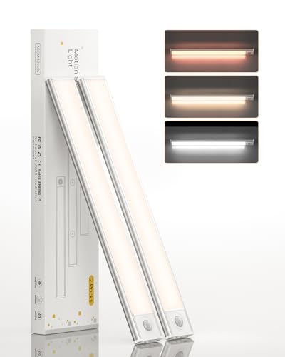 Motion Sensor Light Indoor 12 inches, 54 LED Under Cabinet Lighting with 3 Color Dimmable, Battery Operated Closet Lights Rechargeable Lamp, Magnetic Under Counter Night Lights Used in Kitchen Cabinet