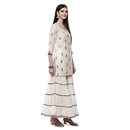 Image of BIBA Women Cotton Straight Embroidered Suit Set