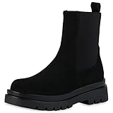 VAN HILL Damen Plateau Boots Stiefeletten Blockabsatz Schuhe Strick Stiefel Profilsohle Booties Plateauschuhe 201714 Schwarz Velours 39