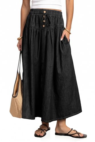 Flowyair Womens Drawstring High Waisted Denim Midi Skirts Casual A-Line Button Front Pleated Jean Long Skirts with Pockets