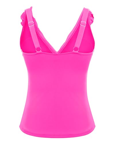Image of Ruffle V Neck Tankini Top Only Women Tummy Control Swimsuit Tank Top | Removable cups for custom bust lift, Blend soft spandex to stretch easily