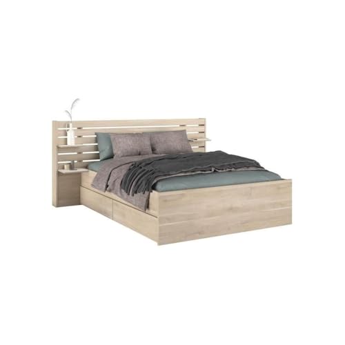 Lit Adulte ESCALE 160x200 cm - Décor Chene du Japon - 2 tiroirs + Tete de lit - L222,8 x H98,2 x P216,8 cm - Fabriqué en Franc
