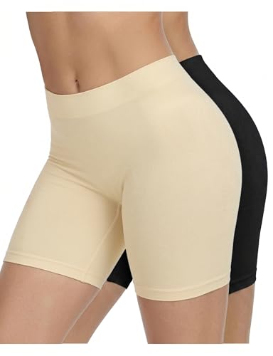 ZENUTA Slip Shorts for Women Under Dresses, Seamless Anti Chafing Short Summer, Biker Shorts for Women(2pcs Black Nude)