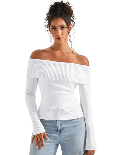 Image of SUUKSESS Women Off Shoulder Sweaters Long Sleeve Ribbed Knit Going Out Fall Tops Blouse
