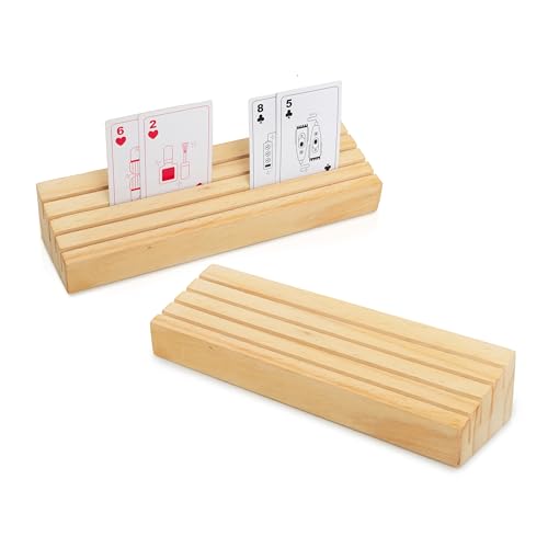 Set of 2 Wooden Playing Card Holders - 4 Tier Card Rack Deck Stand For Adults, Seniors - Hands Free Card Display Tray Game Organizer for Canasta Bridge Poker Uno Go Fish, Family Strategy Card Night