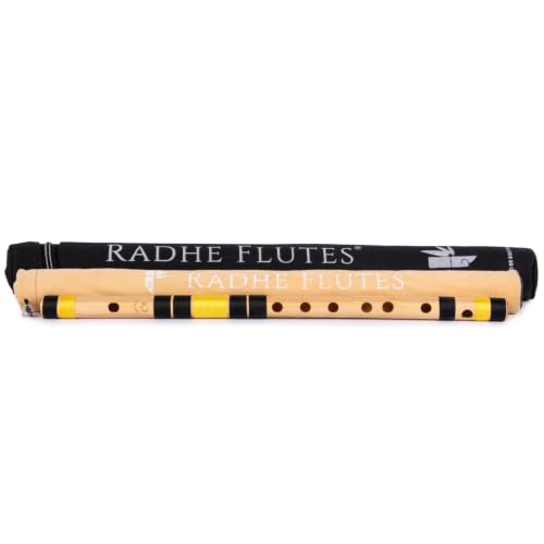 Image of Radhe Flutes Bamboo Bansuri C Sharp Right Handed Middle Octave (18 inch) With Hard Cover (Beige Flute With Black & Yellow Threads)