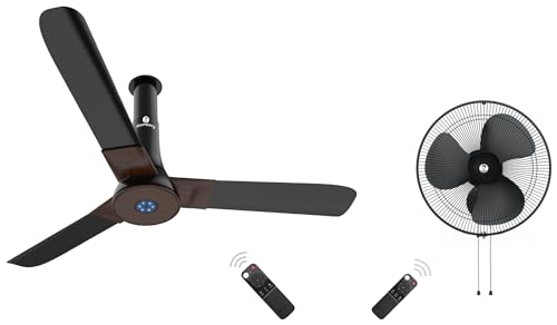 Image of atomberg Studio+ 1200mm BLDC Motor 5 Star Rated Ceiling Fans for Home with Remote Control (Earth Brown) Renesa 400mm Wall-Mounted Fan for Home | with Remote Control (Midnight Black)