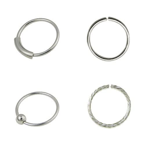 Tienda 4 aros nariz diferentes, plata de ley 925, diametro interior 9mm y finos, grosor 0,6mm. 2 aros nariz con cierre y 2 aros nariz sin cierre.