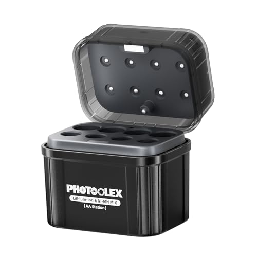 PHOTOOLEX Chargeur de Piles AA NiMH et Lithium, Piles AA Rechargeables Chargeur Hybride, indicateur LED Intelligent, boîtier de Rangement de Charge intégré, boîtier de Charge Rapide à 8 emplacements