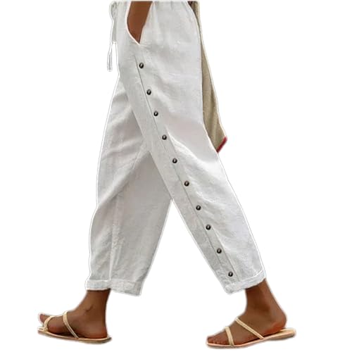 Akivide Womens Summer Cotton Linen Pants Drawstring High Waist Comfy Loose Straight Leg Beach Pants with Pockets