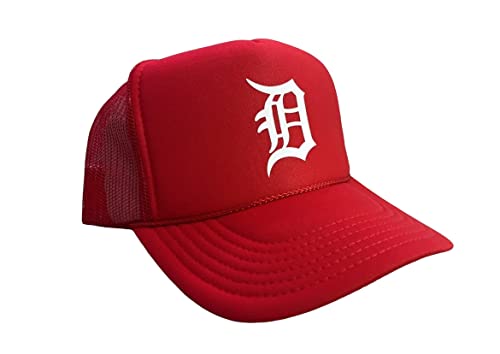 Detroit Old English D Motor City Red Trucker Hat Mesh Back Adult Size High Crown