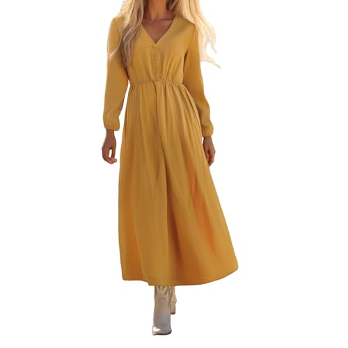 Womens Long Sleeve Maxi Dress V Neck Button Down Casual Boho Cotton Linen Dress 2025 Fall Winter Long Dresses